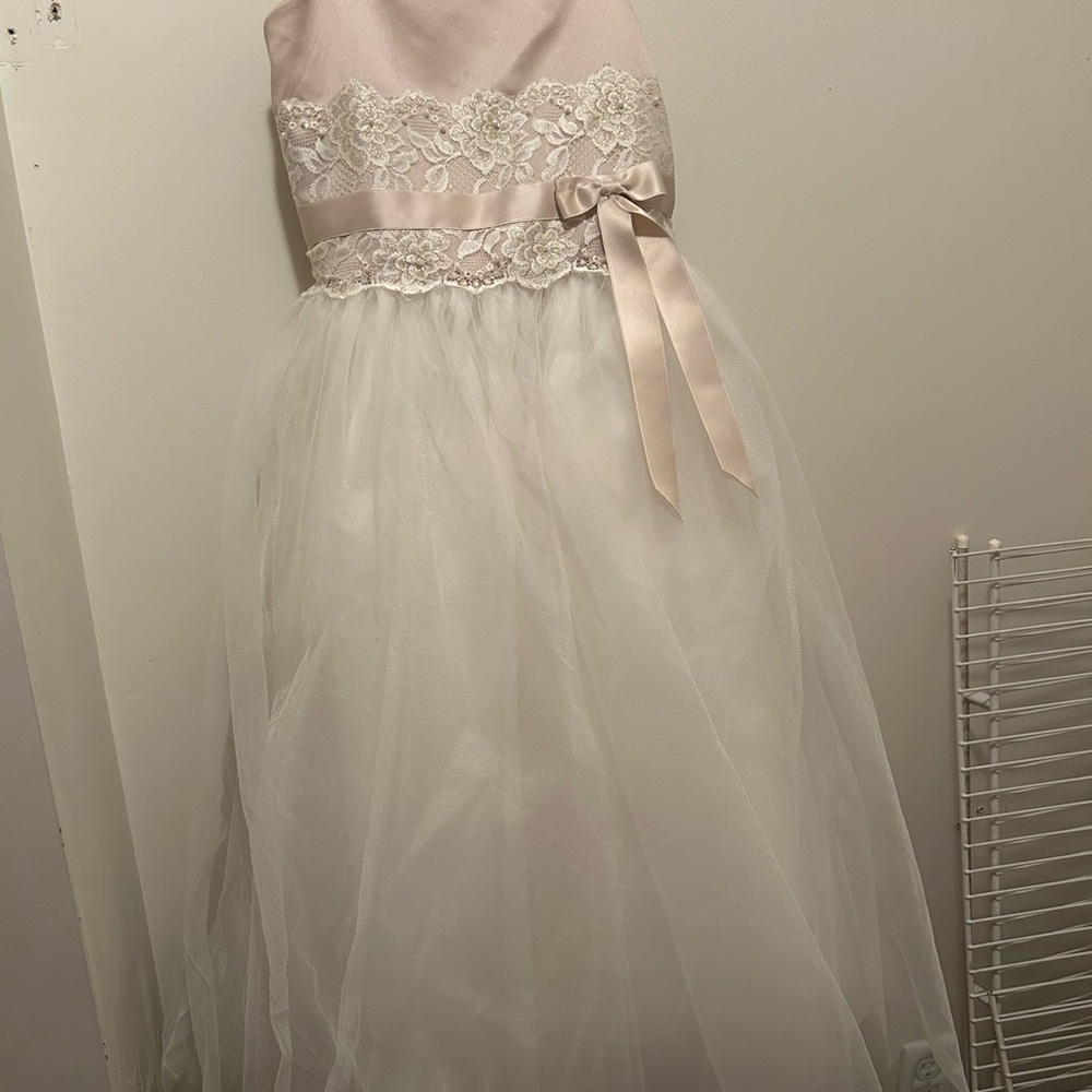David's Bridal Cream and White Lace Kids Dress